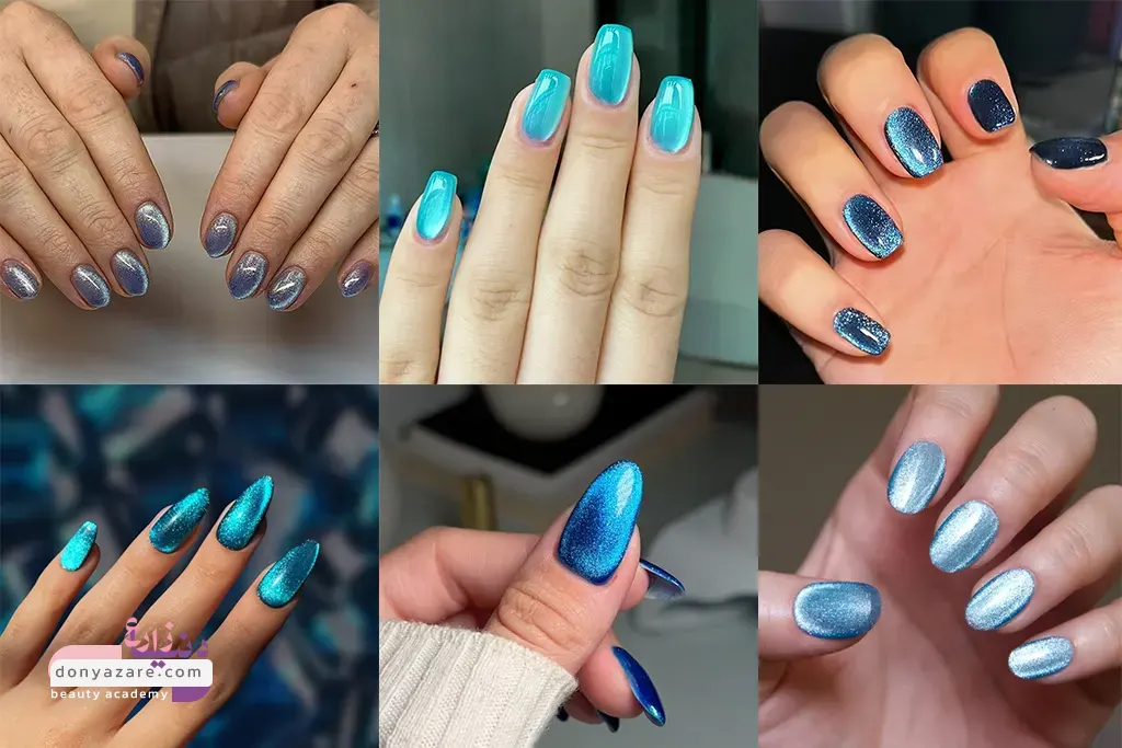 کاشت ناخن آبی آسمانی هولوگرافیک
