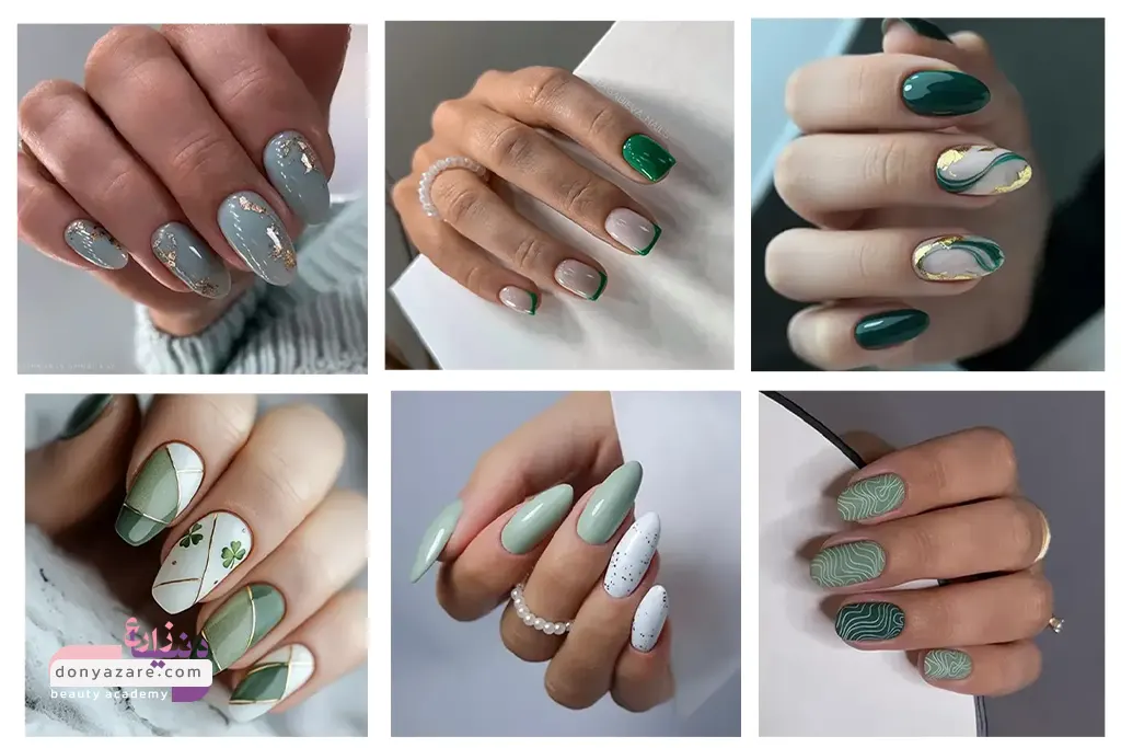 طراحی ناخن سبز با جلوه براق